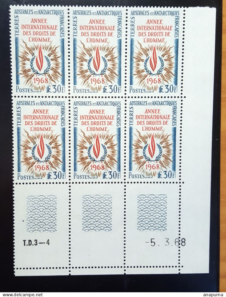 Timbre TAAF Année Internationale Droits Homme, YT 27, BLOC DE 6 COIN DATE - Neufs