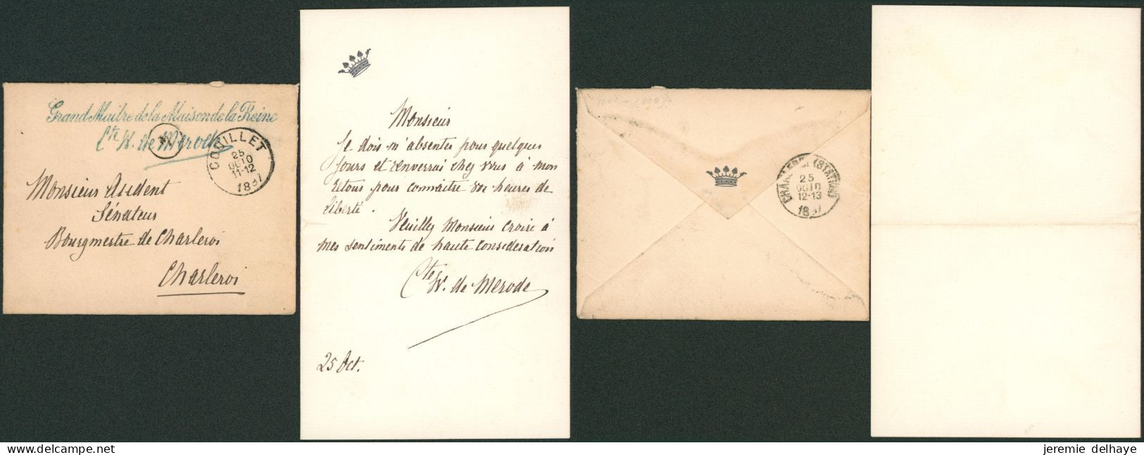 Petite Enveloppe + Contenu, Griffe "Grand Maitre De La Maison De La Reine, Comte De Mérode" (Couillet 1897) > Charleroi - Portofreiheit