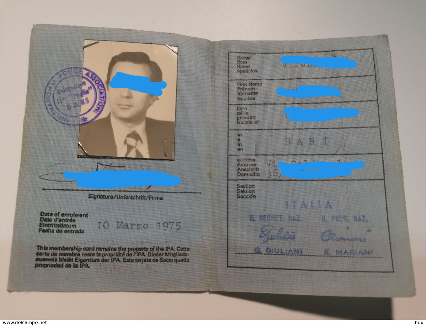 1975 INTERNATIONAL POLICE ASSOCIATION SEZIONE ITALIANA TESSERA DI IDENTITÀ MILITARE POLIZIA - Historische Documenten