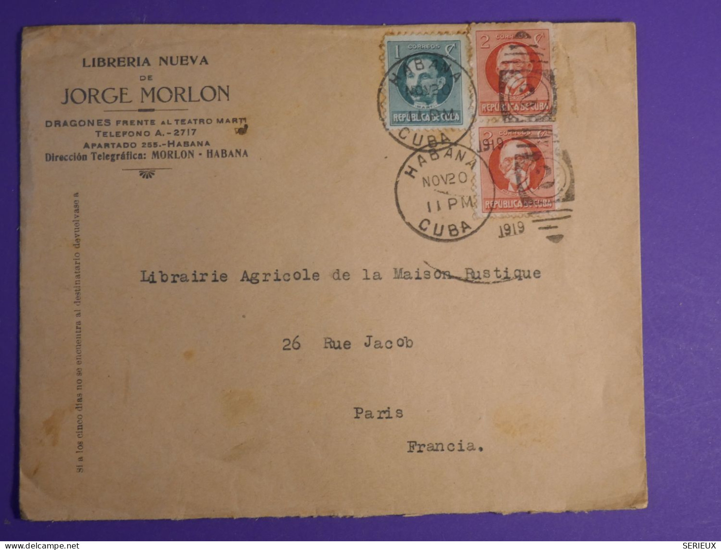 DN8 CUBA  LETTRE  1920 HABANA A PARIS FRANCE + AFF.  INTERESSANT+++ - Brieven En Documenten