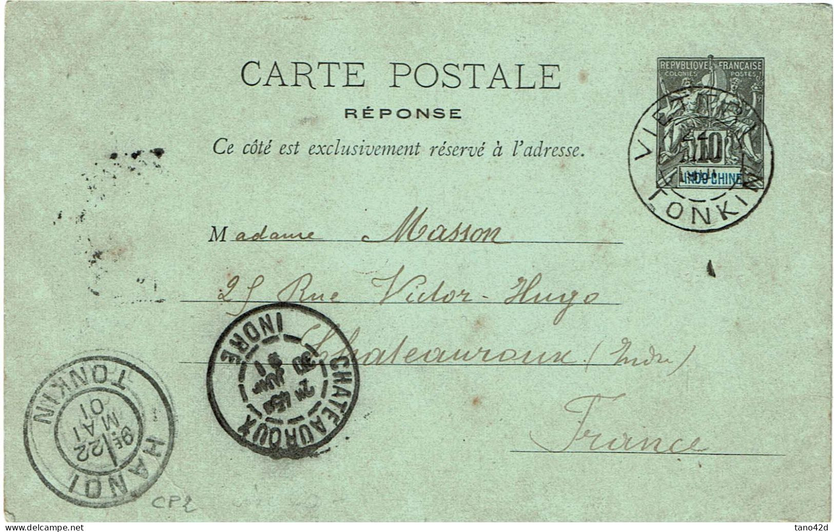 CTN85E - INDOCHINE TYPE GROUPE PARTIE REPONSE UTILISEE VIET TRI / CHATEAUROUX MAI 1901 - Used Stamps