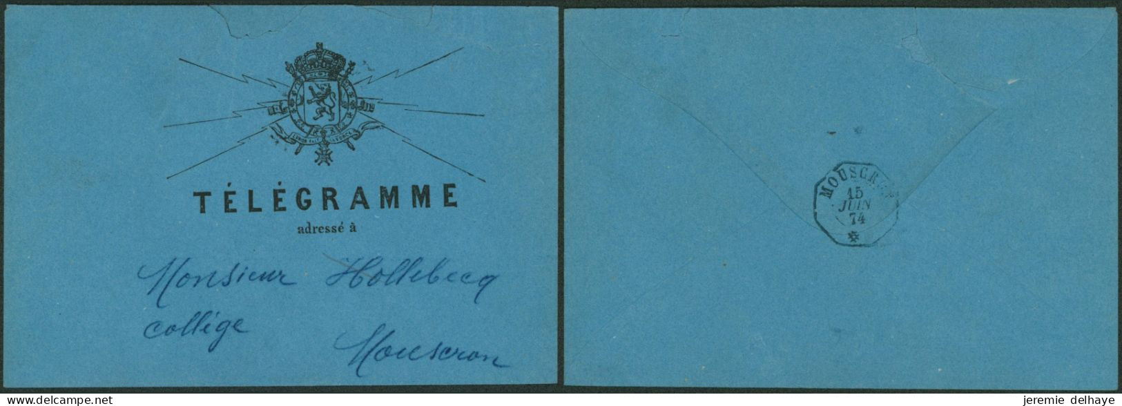Enveloppe Bleu + Contenu (télégramme Série G N°7) Déposé à Tournai > Mouscron (1874). TB - Telegrammi