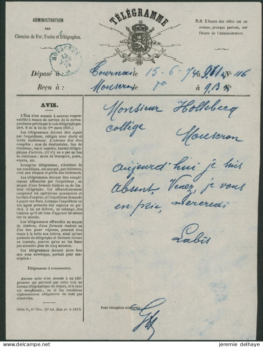 Enveloppe Bleu + Contenu (télégramme Série G N°7) Déposé à Tournai > Mouscron (1874). TB - Telegramas