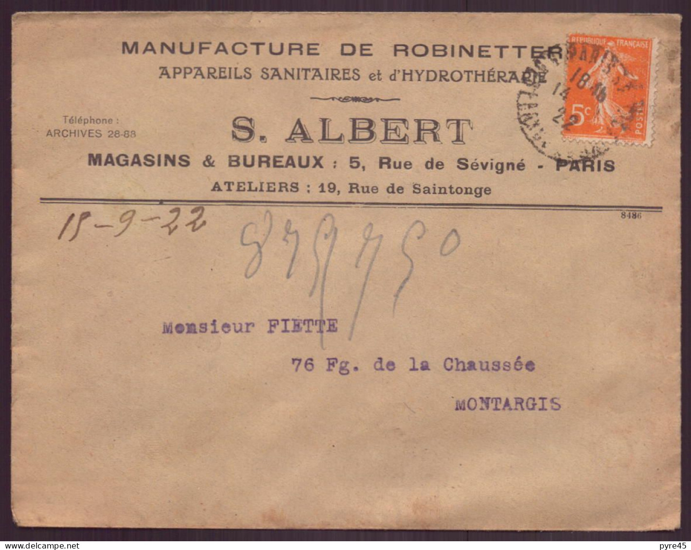 France, Enveloppe à En-tête " Albert " Manufacture Robinetterie, Paris, 14 Septembre 1922 - Autres & Non Classés