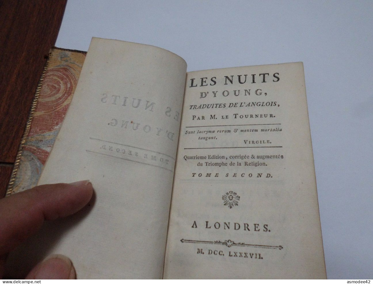 LES NUITS D YOUNG 1787 LONDRES TOME 2 SEUL  LIVRE ANCIEN XVIIIème  DIM 12,5 X 7,5cm - 1701-1800