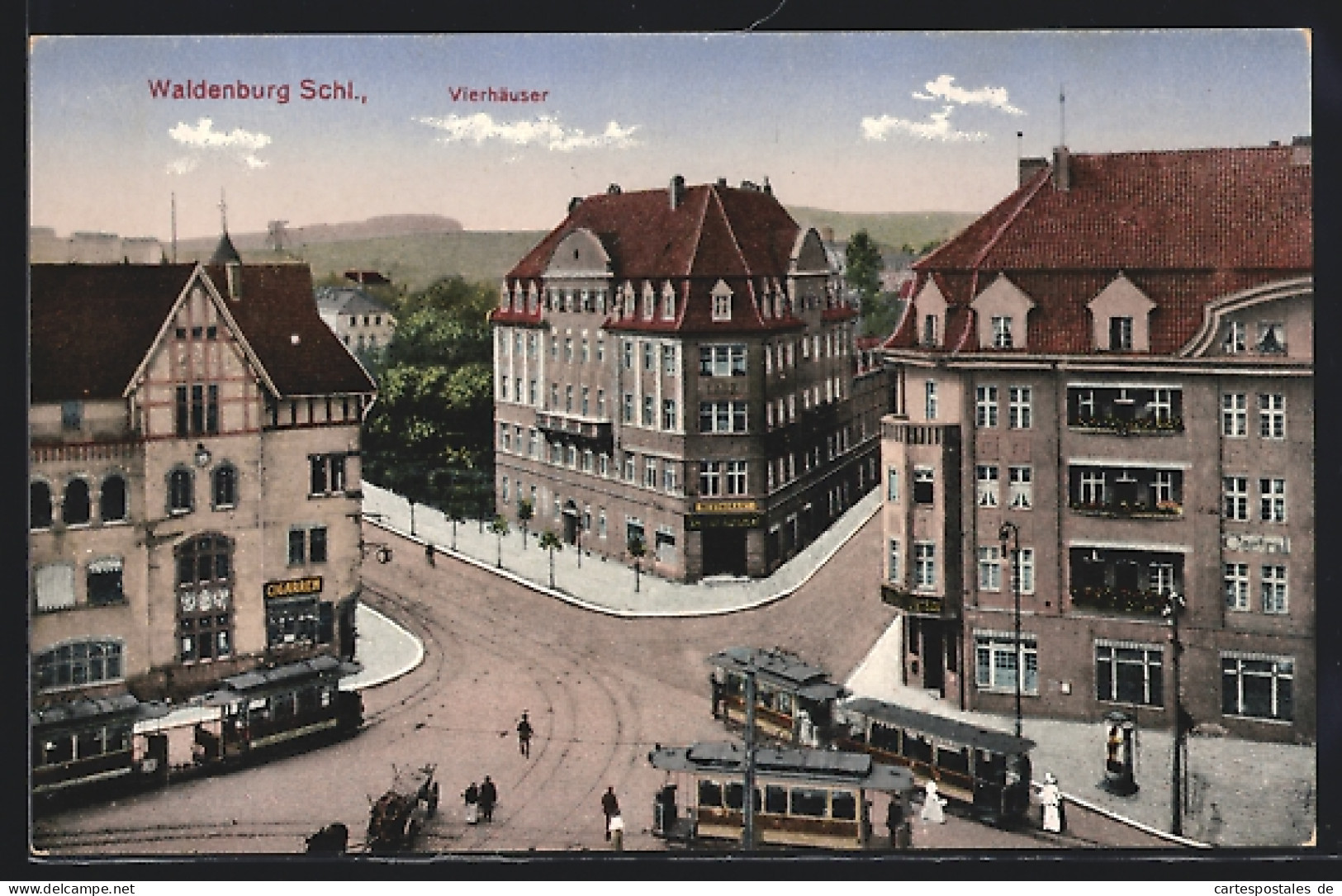 AK Waldenburg, Vierhäuserplatz, Strassenbahnen  - Schlesien