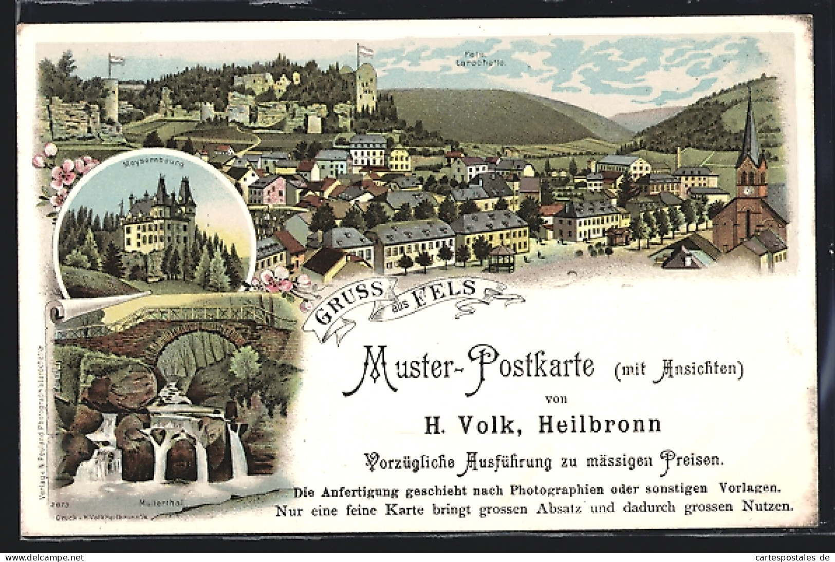 Lithographie Fels, Meysembourg, Müllerthal, Muster-Postkarte Mit Ansichten, Ansichtskartengeschichte  - Muellerthal