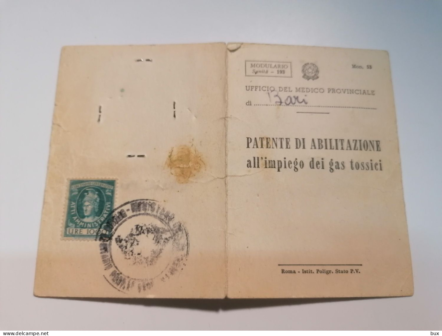 1971 PATENTE DI ABILITAZIONE ALL'IMPIEGO DI GAS TOSSICI TESSERA IDENTITA - Documents Historiques