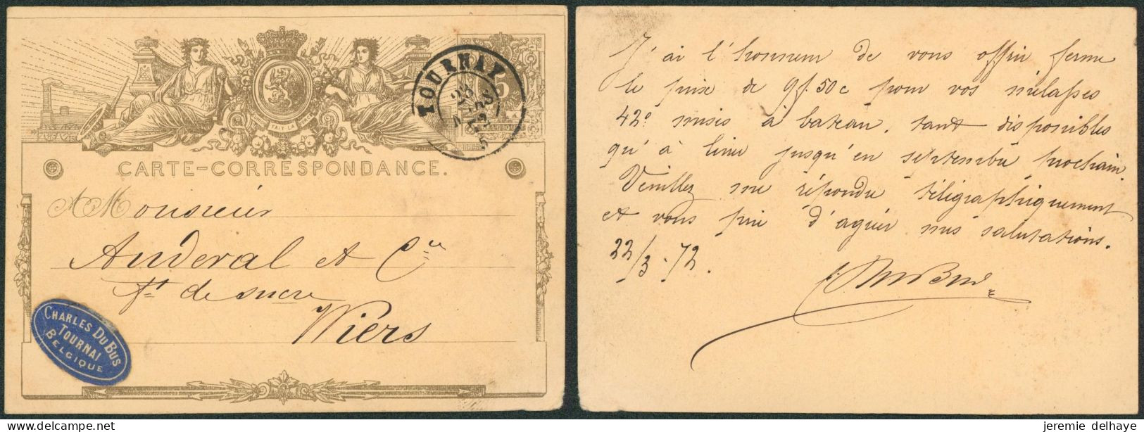 EP Au Type 5ctm Gris (SBEP N°1A) Obl Double Cercle "Tournay" (1872) > Wiers + Vignette (Fabricant) - Postkarten 1871-1909