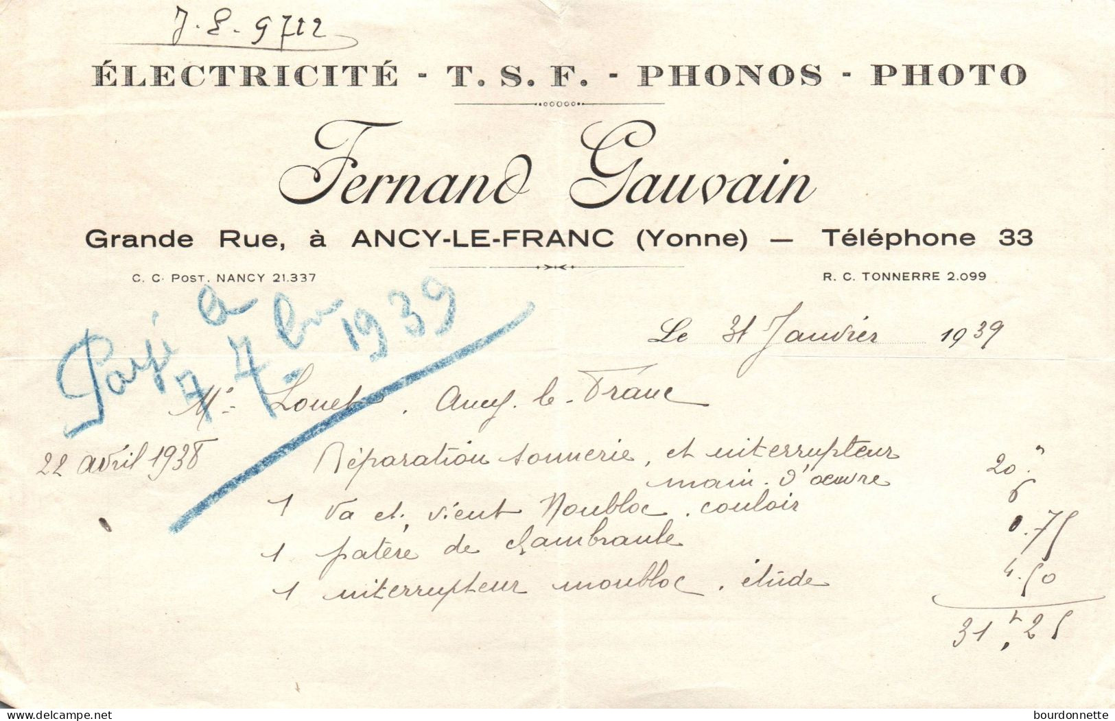 FACTURE 1939  ELECTRICITE  TSF  PHONOS   PHOTO FERNAND GAUVAIN A ANCY LE FRANC - Elettricità & Gas