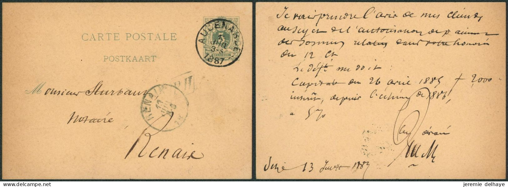 EP Au Type 5ctm Vert Obl Simple Cercle "Audenarde" + Boite Rurale Double Littera "PH" (privé) > Renaix - Postcards 1871-1909