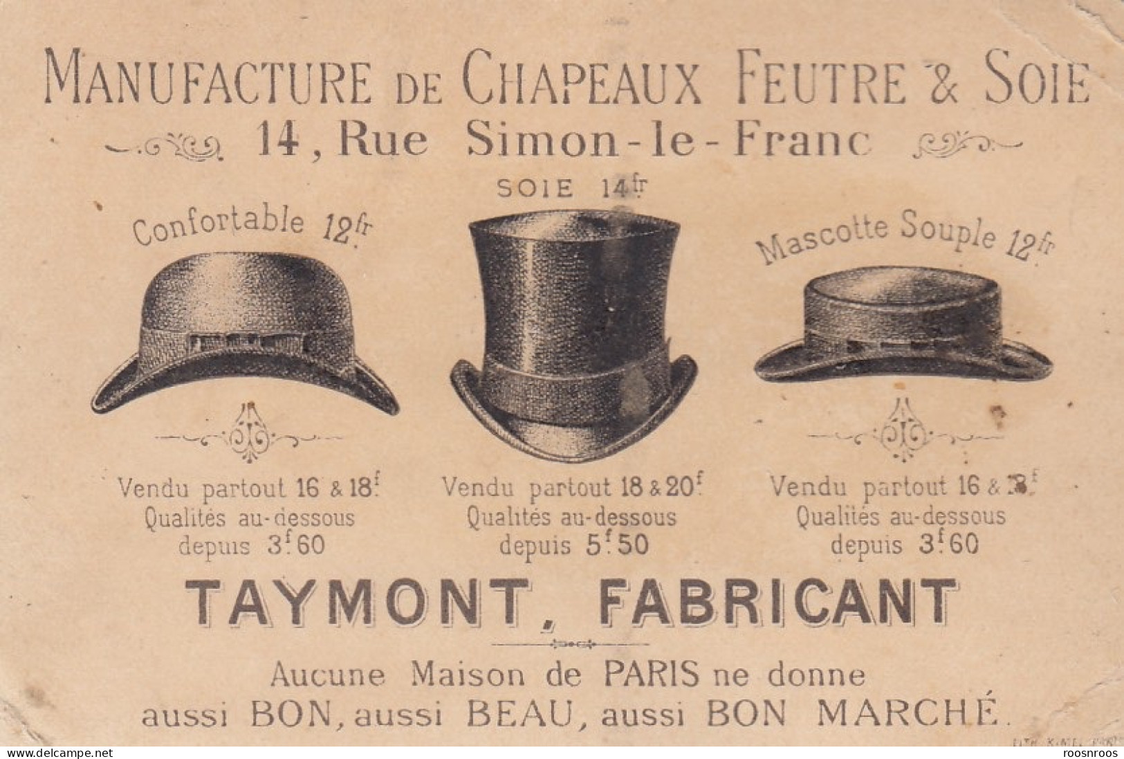 CHROMO PUBLICITAIRE - MANUFACTURE DE CHAPEAUX - TAYMONT FABRICANT A PARIS - Altri & Non Classificati