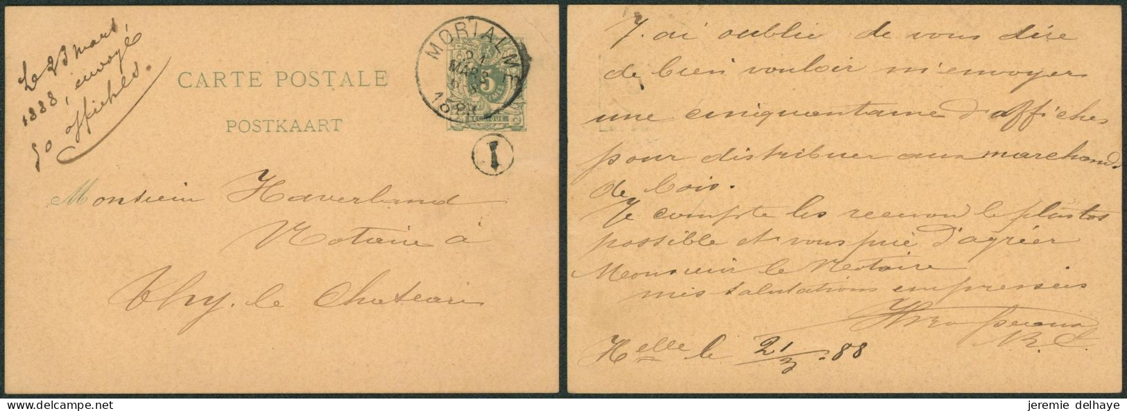 EP Au Type 5ctm Vert Obl Simple Cercle "Morialmé" + Boite Rurale "I" (Hanzinelle) > Thy-le-chateau - Postcards 1871-1909