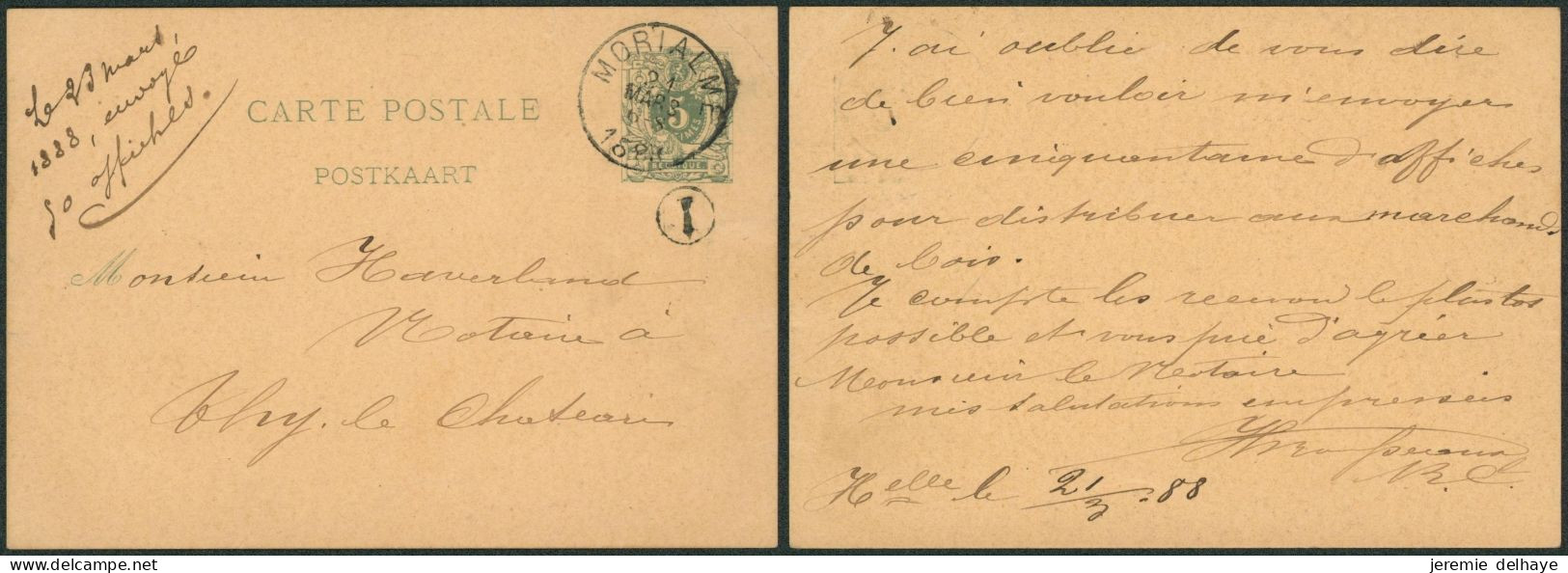 EP Au Type 5ctm Vert Obl Simple Cercle "Morialmé" + Boite Rurale "I" (Hanzinelle) > Thy-le-chateau - Briefkaarten 1871-1909