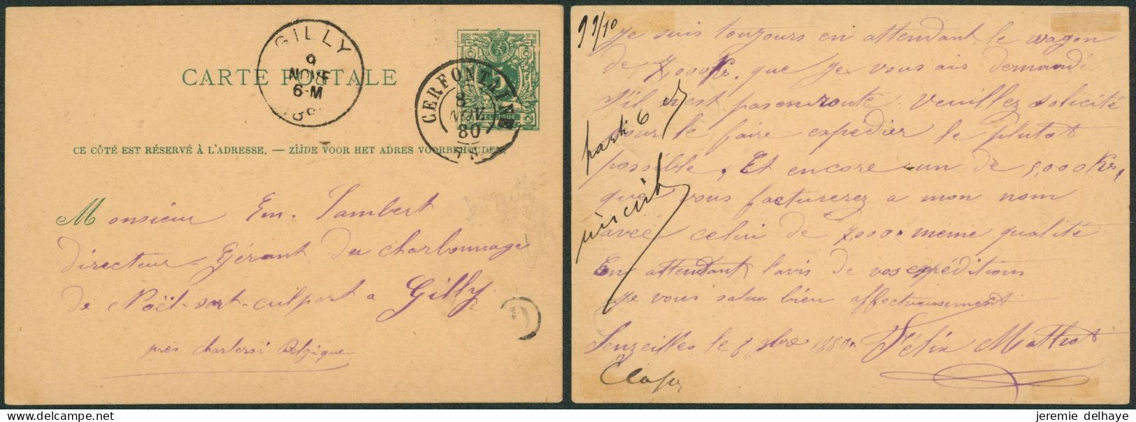 EP Au Type 5ctm Vert Obl Double Cercle "Cerfontaine" + Boite Rurale "D" (Senzeilles) > Gilly. TB - Postkarten 1871-1909
