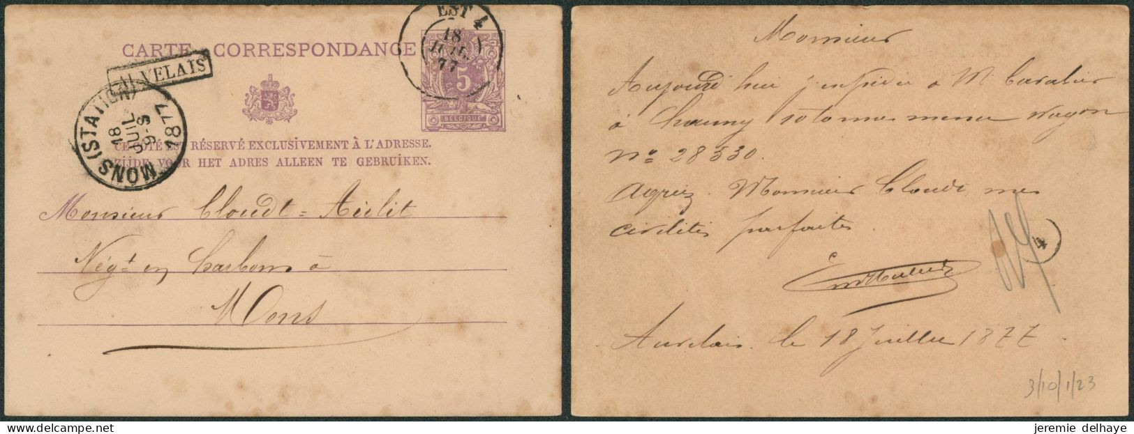 EP Au Type 5ctm Mauve Obl Double Cercle Ambulant "Est 4" (1877) + Griffe Encadrée AUVELAIS > Mons - Bahnpoststempel