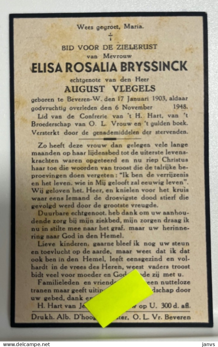 Devotie DP - Overlijden Elisa Bryssinck Echtg Vlegels - Beveren-Waas 1903 - 1948 - Décès