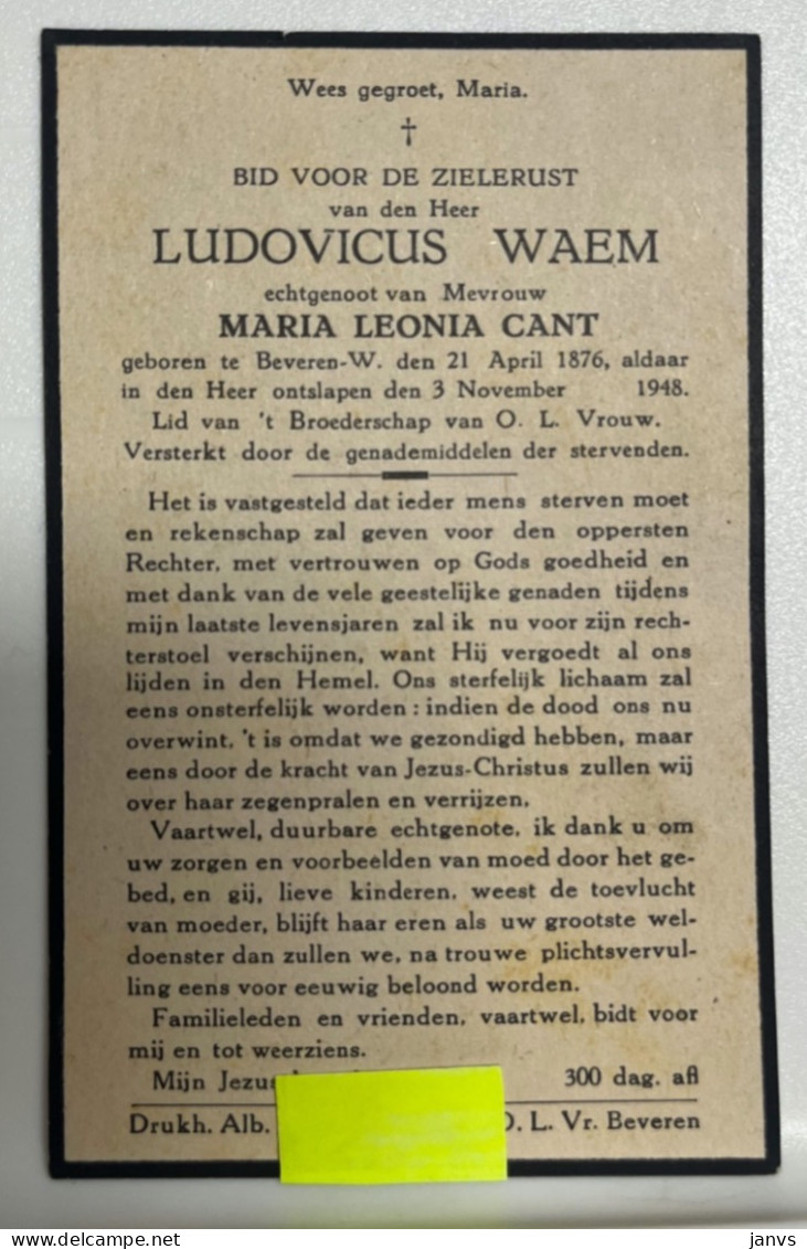 Devotie DP - Overlijden Ludovicus Waem Echtg Cant - Beveren-Waas 1876 - 1948 - Décès