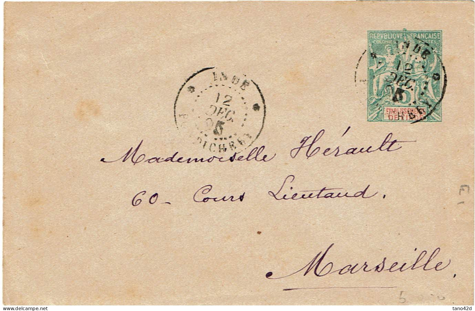 CTN85E - INDE TYPE ALLEGORIE EN 5c PONDICHERY / MARSEILLE 12/12/1905 - Gebruikt