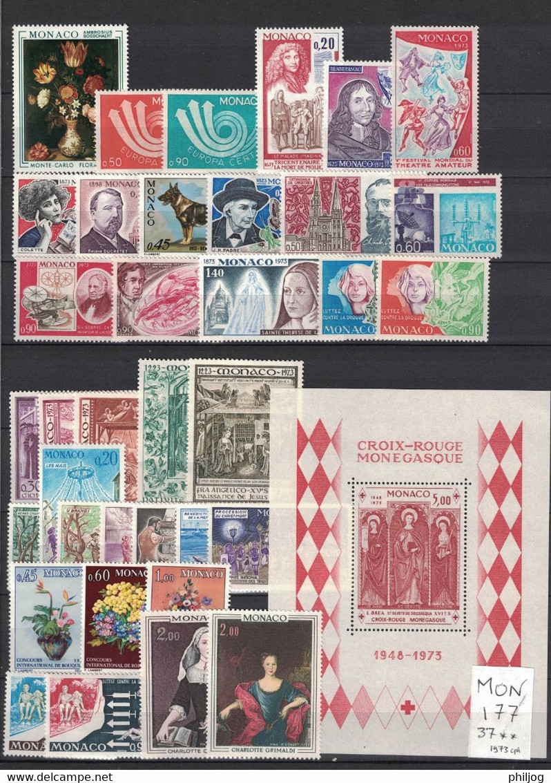 Monaco - Année 1973 Complète - Neuve SANS Charnière - 37 Timbres Du 916 à 952- Complete MNH Year 1973 - Komplette Jahrgänge