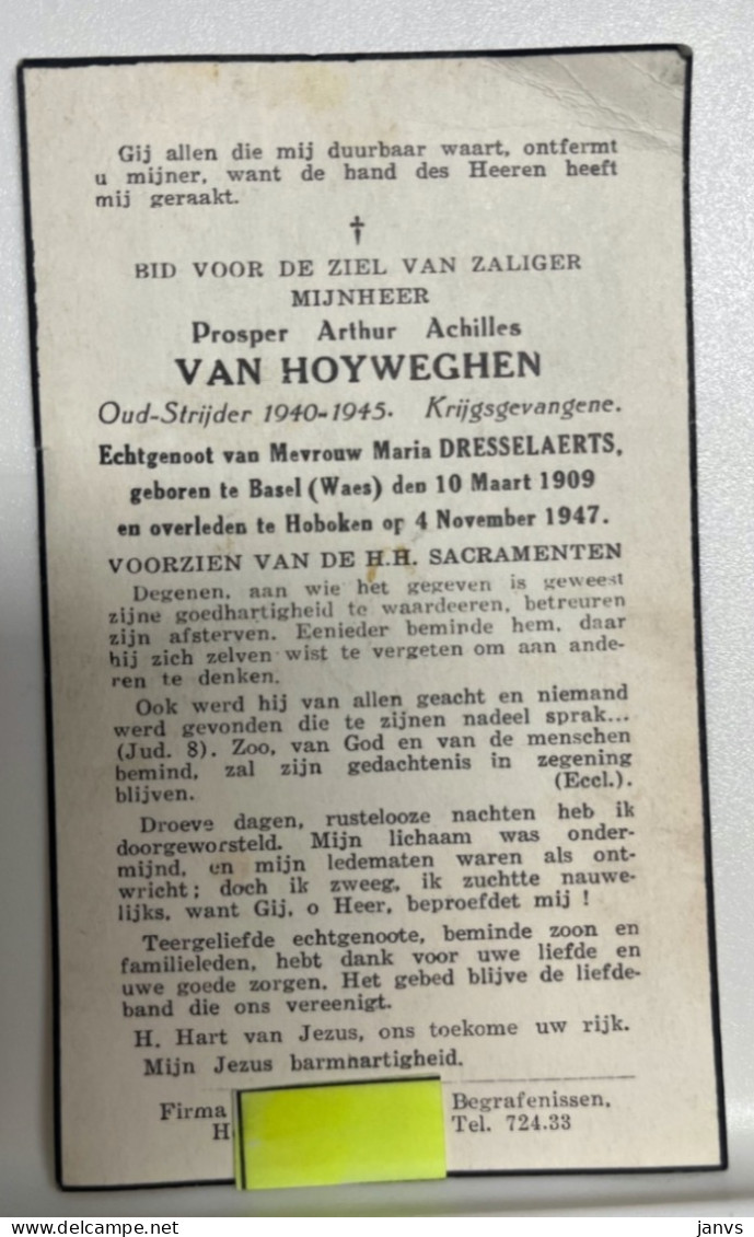 Devotie DP  Overlijden Prosper Van Hoyweghen Echtg Dresselaerts - Basel (Waes) 1909 - Hoboken 1947 - Oudstrijder '40-'45 - Décès