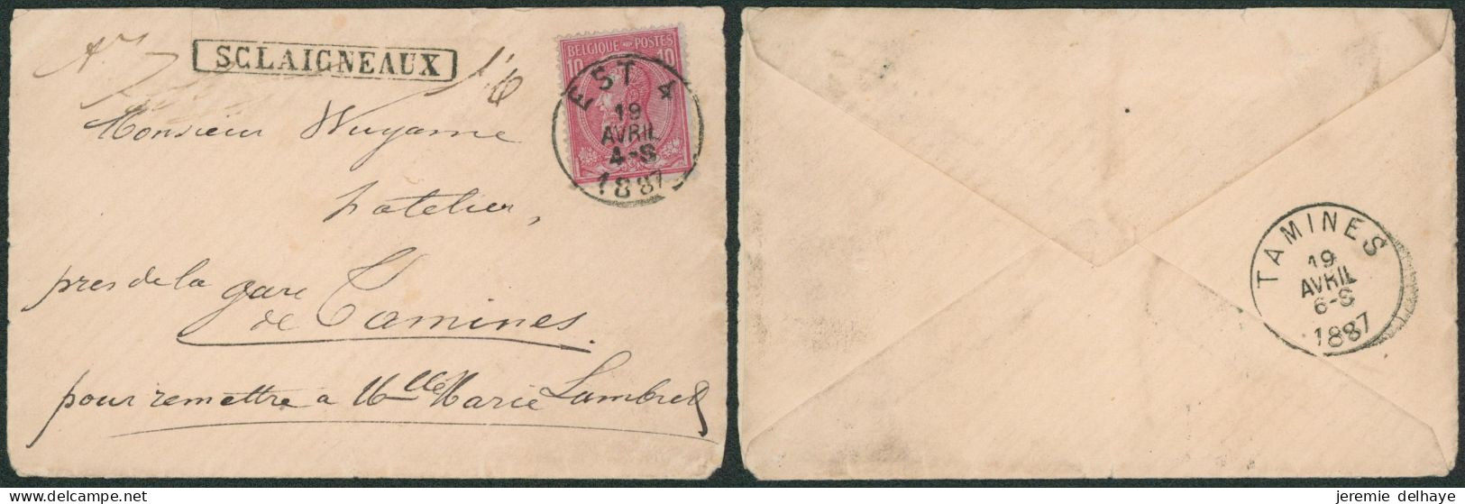 émission 1884 - N°46 Sur Petite Env. Obl Ambulant "Est 4" + Griffe Encadrée SCLAIGNEAUX > Près De La Gare De Tamines - Ambulants