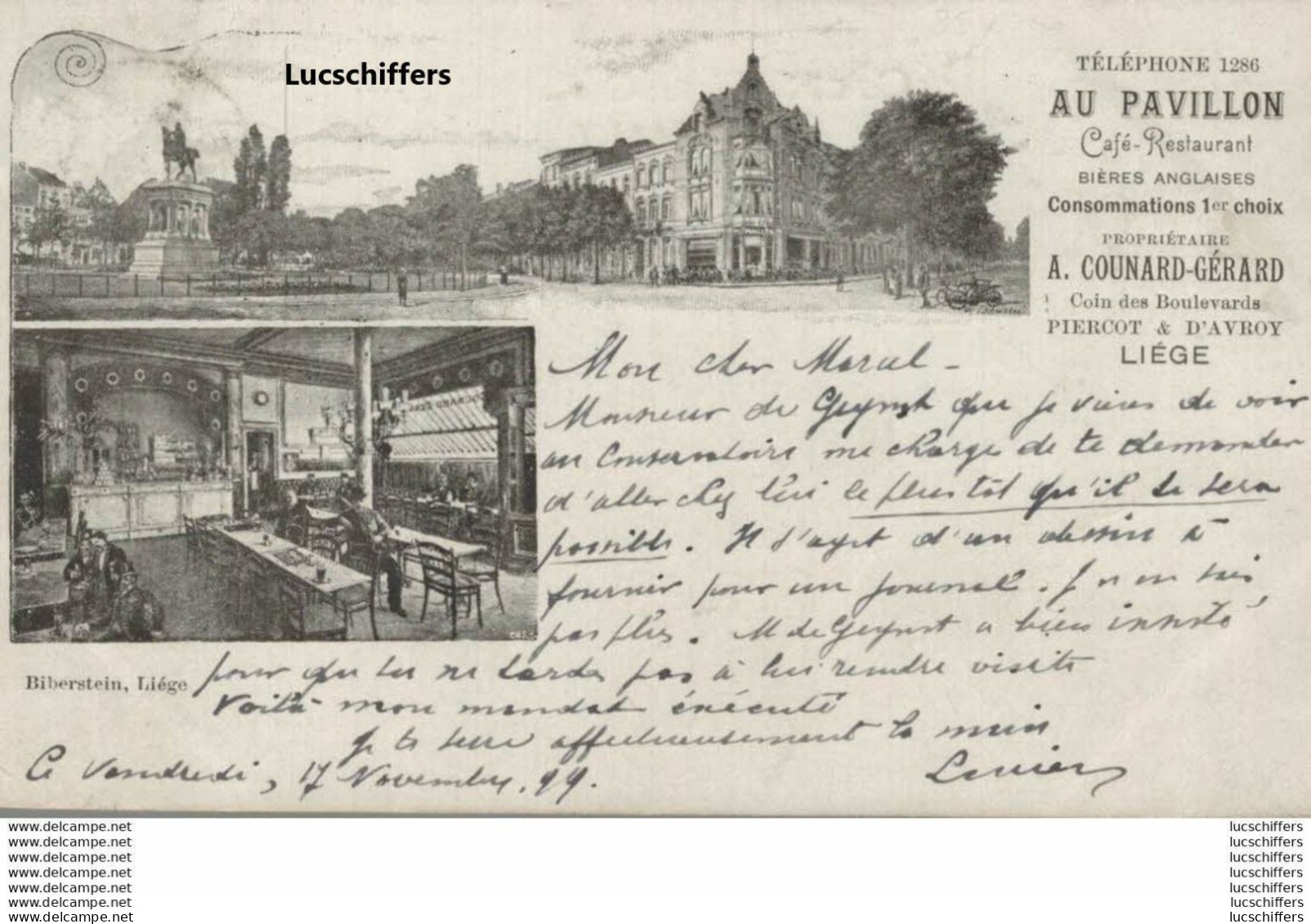 Liège- Café-Restaurant AU PAVILLON Coin Bd. Piercot & D'Avroy . 2 Vues. Courrier Adressé à M. M. ORBAN En 1899. 2 Scans - Luik