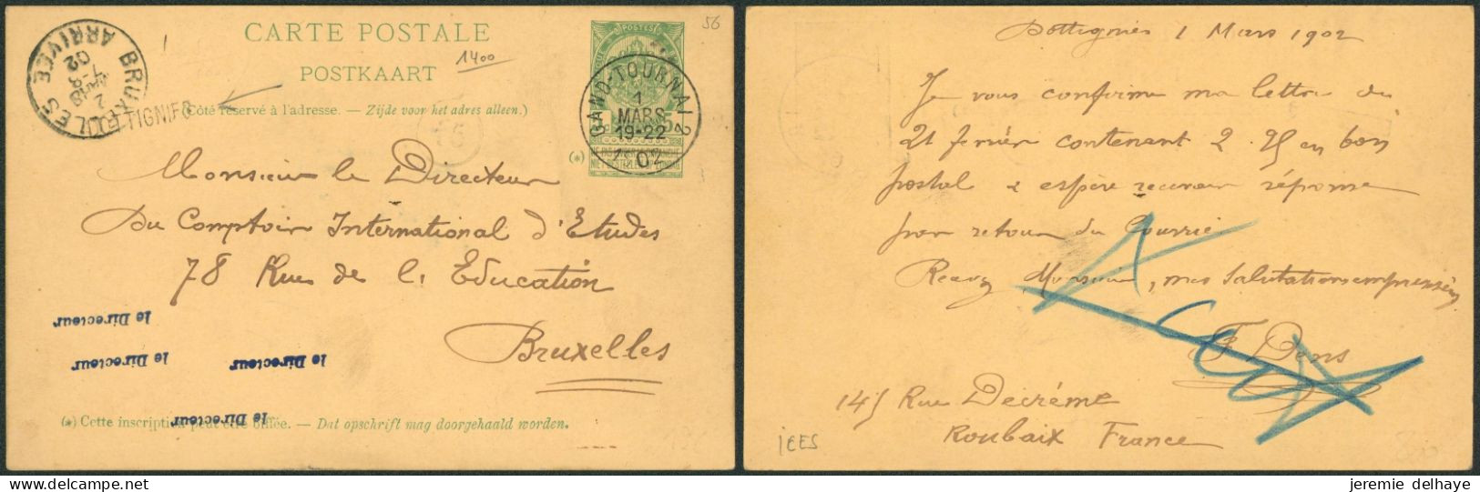 EP Au Type 5ctm Vert Obl Ambulant "Gand-Tournai 2" (1902) + Griffe à L'origine DOTTIGNIES > Bruxelles - Ambulants