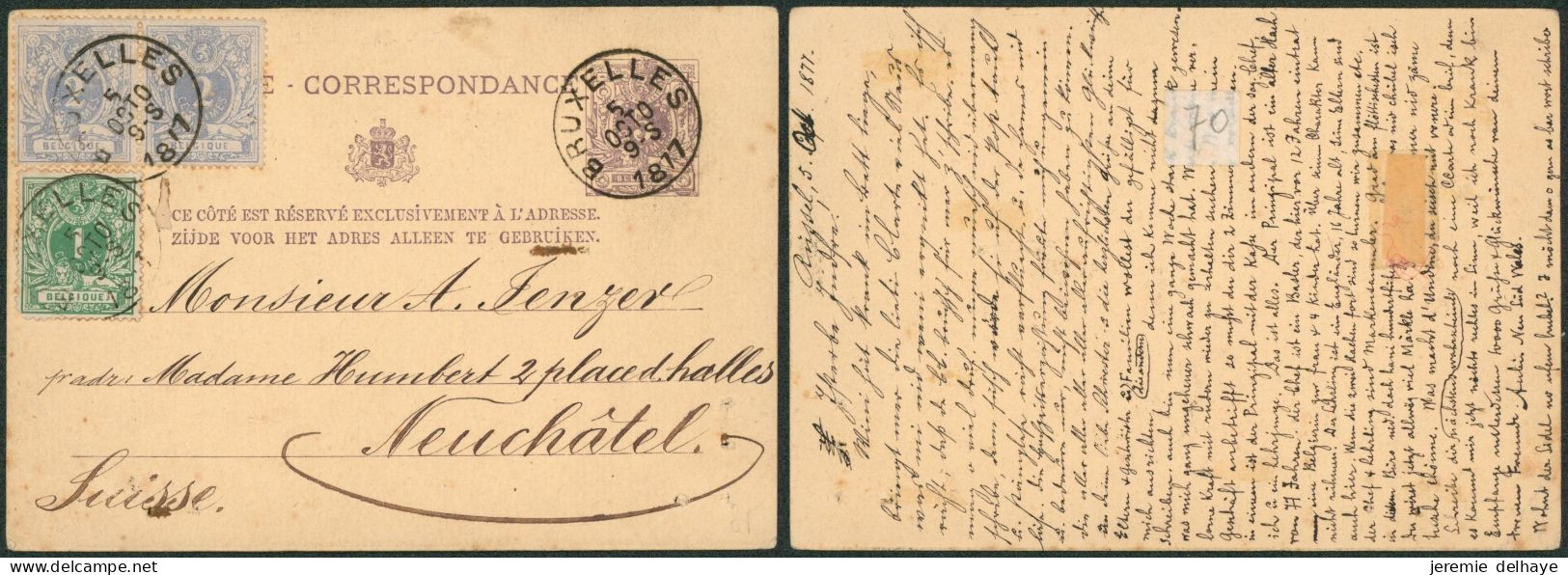 EP Au Type 5ctm Mauve + N°26 Et 27 X2 Obl Simple Cercle "Bruxelles" (1877) > Neufchatel (Suisse). Superbe - Briefkaarten 1871-1909