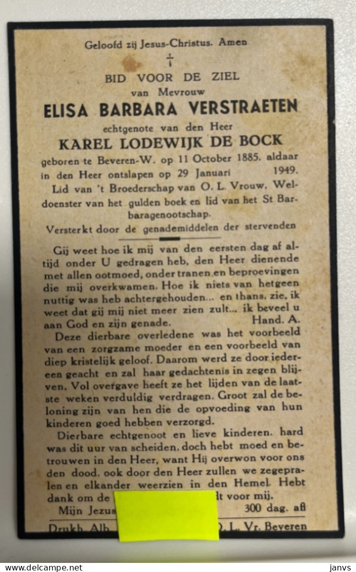 Devotie DP  Overlijden Elisa Verstraeten Echtg De Bock - Beveren-Waas 1885 - 1949 - Décès