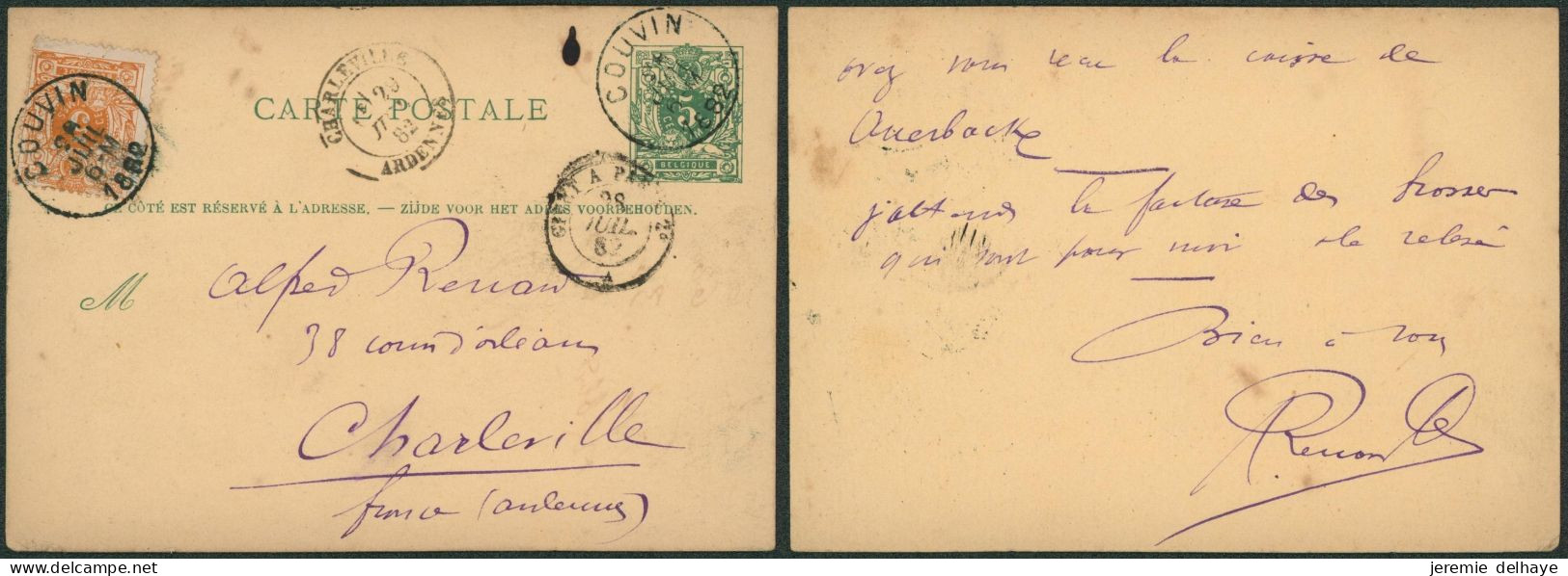 EP Au Type 5ctm Vert + N°28 Obl Simple Cercle "Couvin" (1882) > Charleville (France) - Postkarten 1871-1909
