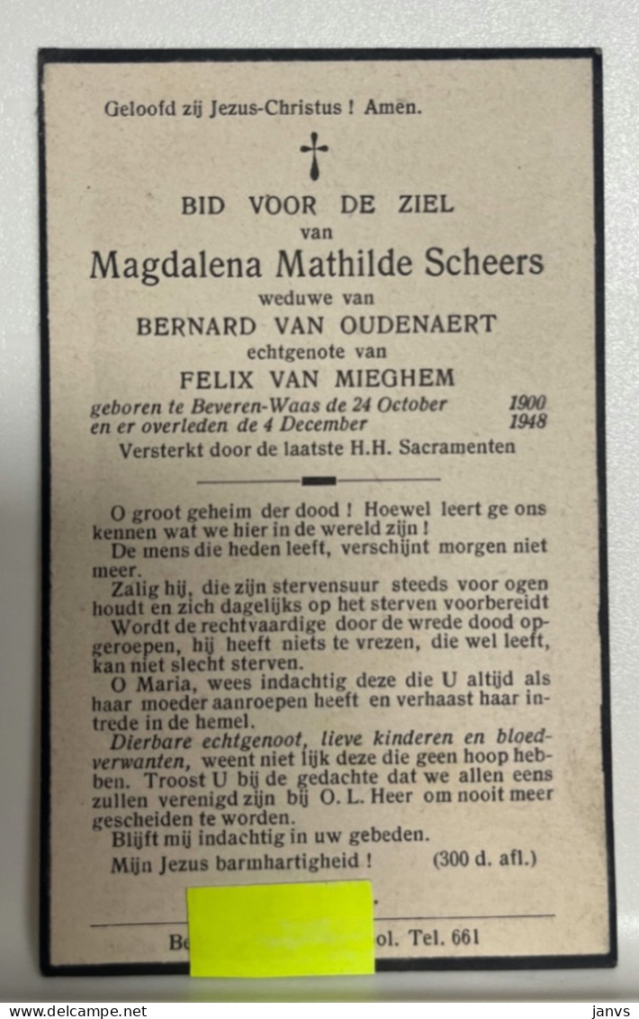 Devotie DP  Overlijden Magdalena Scheers Wwe Van Oudenaert En Echtg Van Mieghem - Beveren-Waas 1900 - 1948 - Décès