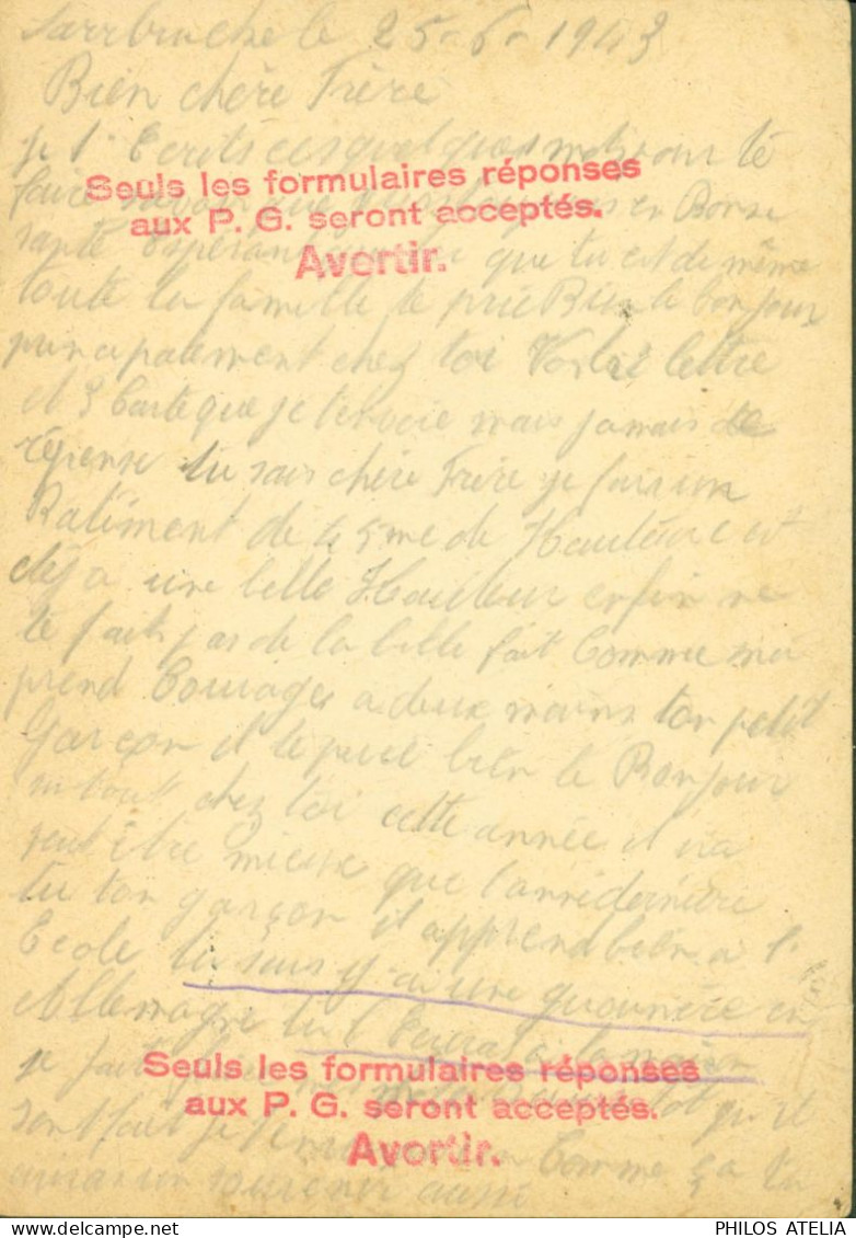 Guerre 40 Entier Hitler 6PF Violet CAD Saarbrücken 25 6 43 Ouvrier Belge STO En Allemagne Pour Stalag VIB Villigen - Prisoners Of War Mail