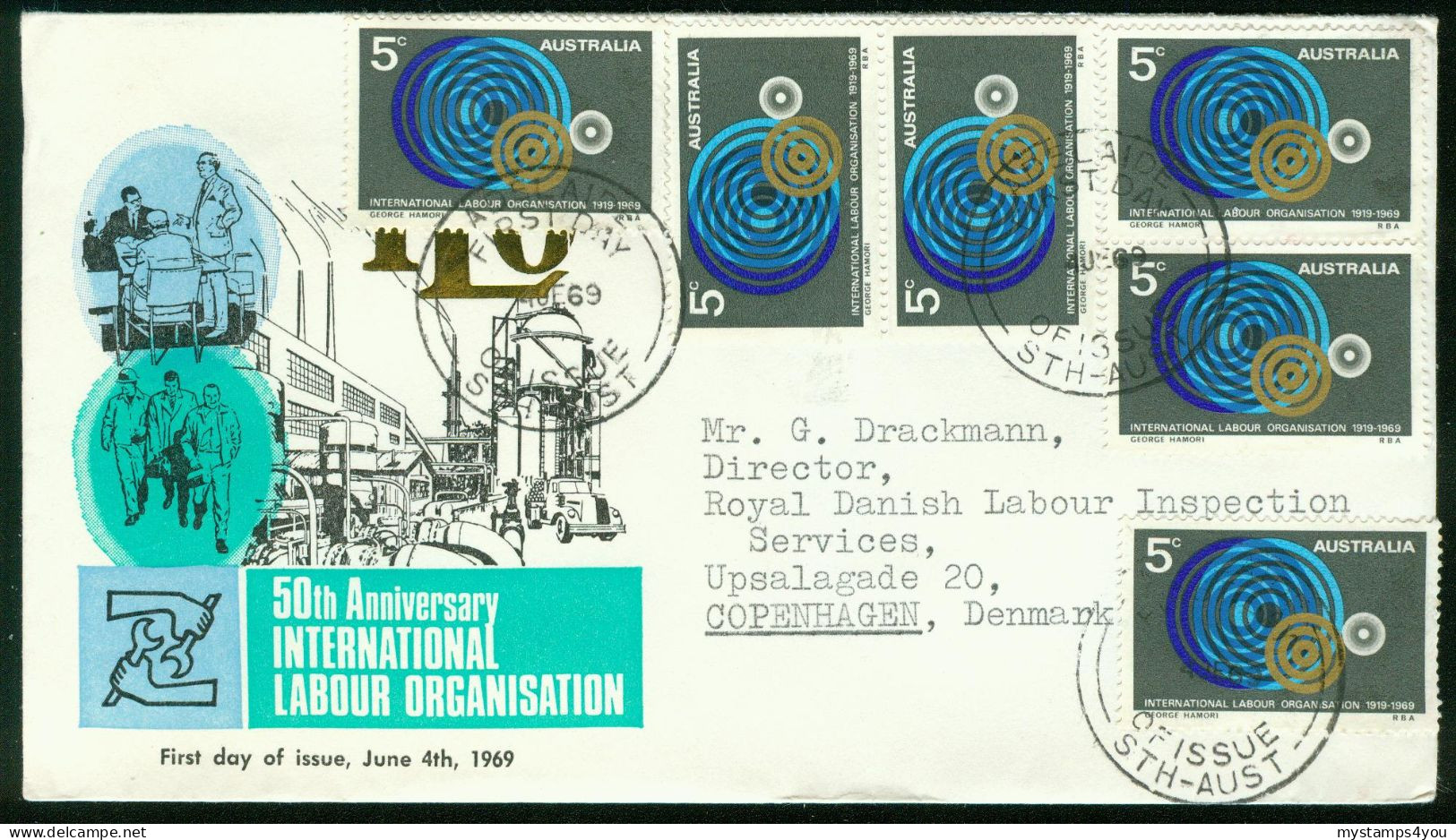 Fd Australia FDC 1969 MiNr 417 | 50th Anniv Of I.L.O. (1969 Adelaide > Denmark) #fdc-3008 - FDC