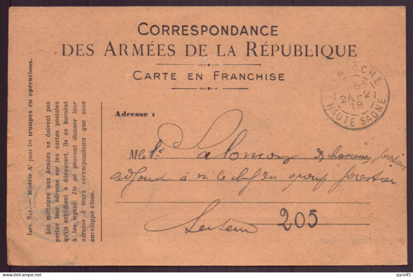 France, Carte En Franchise Militaire Du 24 Février 1918 De Mantoche ( Secteur 205 ) - Other & Unclassified