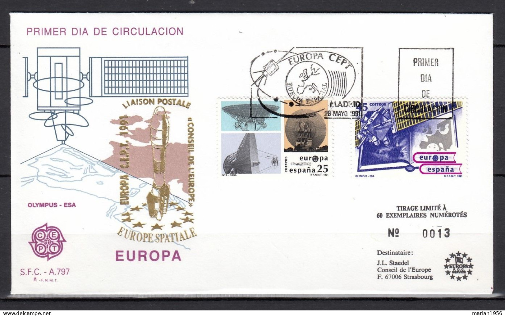 Espagne 1991 - FDC Special - EUROPA CEPT - Europe Spatiale  - Tirage Limite A 60 Ex. Numerotes - FDC