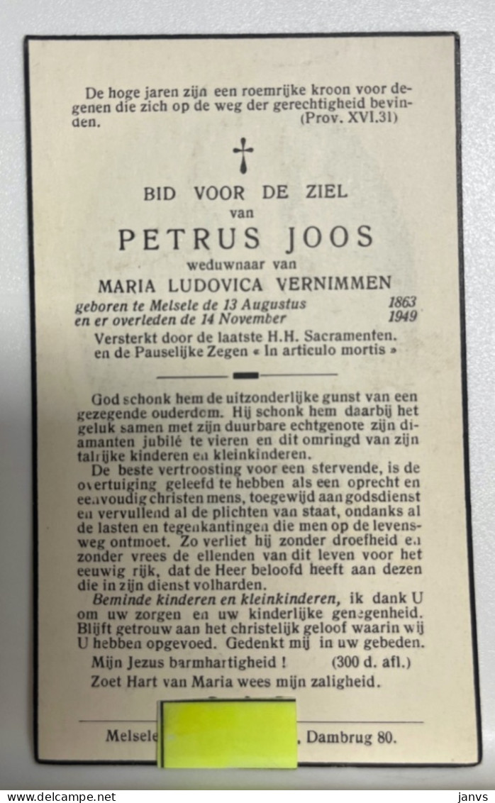 Devotie DP  Overlijden Petrus Joos Wwe Vernimmen - Melsele 1863 - 1949 - Décès