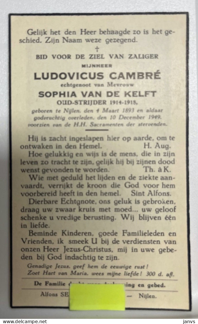 Devotie DP  Overlijden Ludovicus Cambré Echtg Van De Kelft - Nijlen 1893 - 1949 - Oudstrijder 1914 - 1918 - Décès