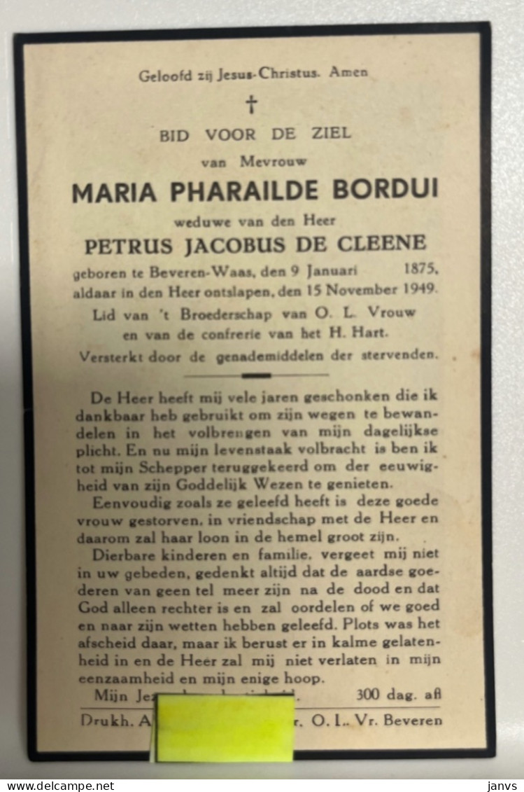 Devotie DP  Overlijden Maria Bordui Wwe De Cleene - Beveren-Waas 1875 - 1949 - Décès