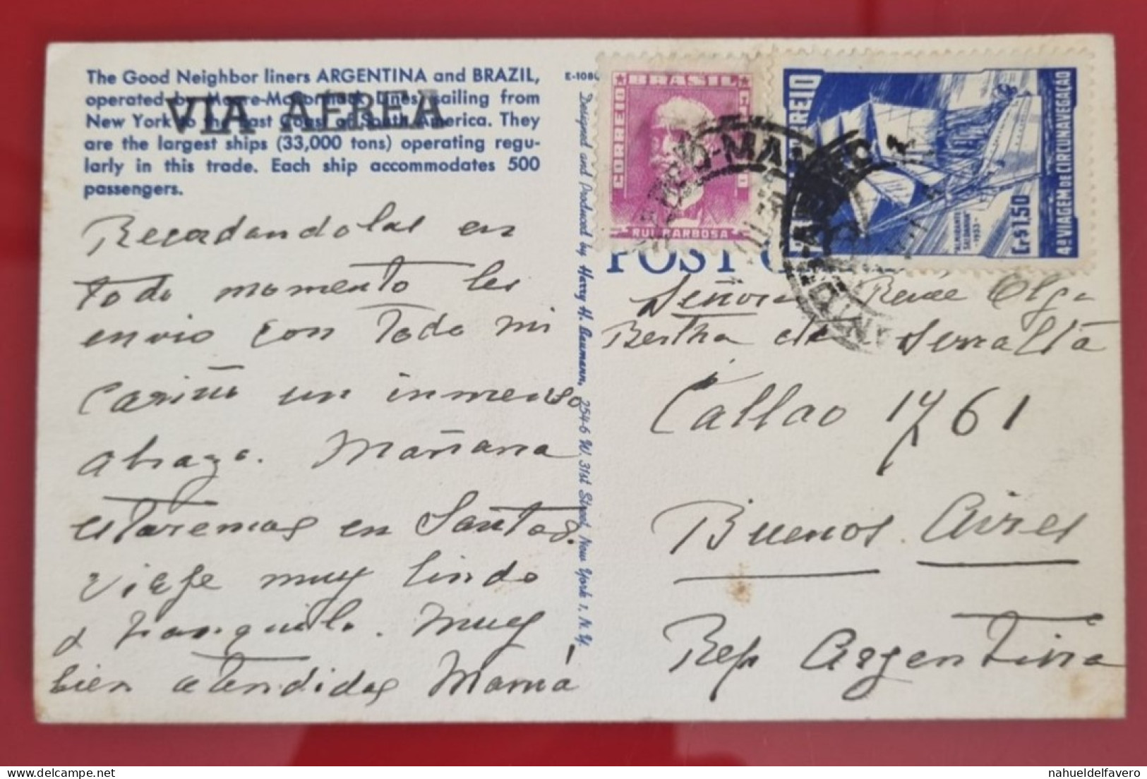 Carta Postale Circulée 1950s - BRASIL - MOOORE-MCCORMACK LINES Sailing From New York To South America - Houseboats