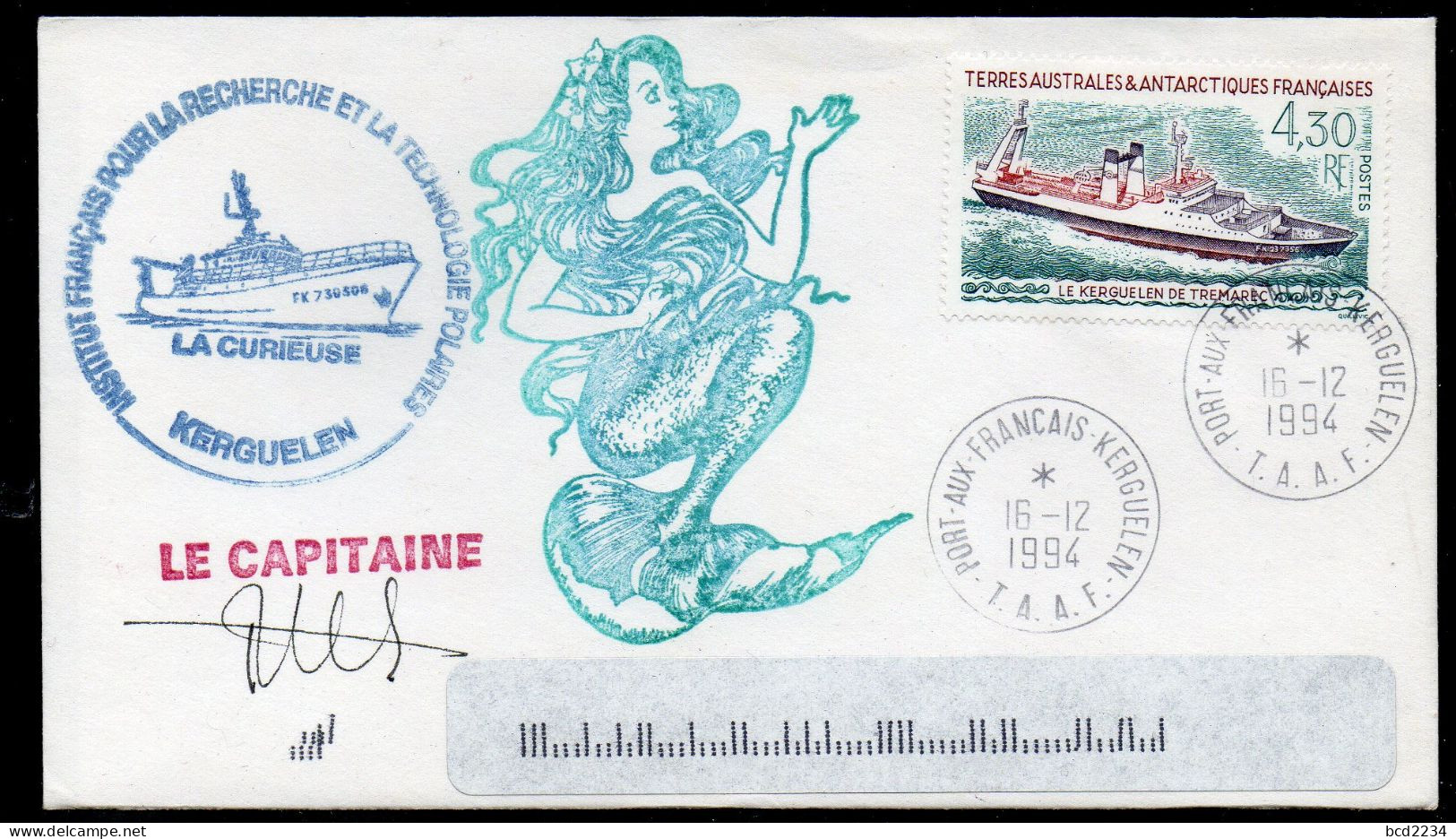 FRANCE1993 ANTARCTIC POLAR COVER LE CAPITAINE LA CURIEUSE KERGUELEN MERMAID INSTITUT POUR RECHERCHE POLAIRES FRANCAIS - Barcos Polares Y Rompehielos