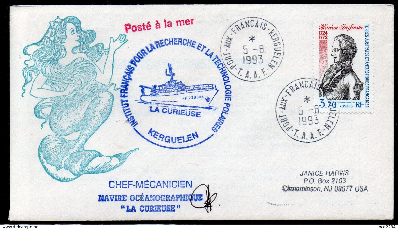 FRANCE1993 ANTARCTIC POLAR COVER CHEF-MECANICIEN LA CURIEUSE KERGUELEN MERMAID INSTITUT POUR RECHERCHE POLAIRES FRANCAIS - Polar Ships & Icebreakers