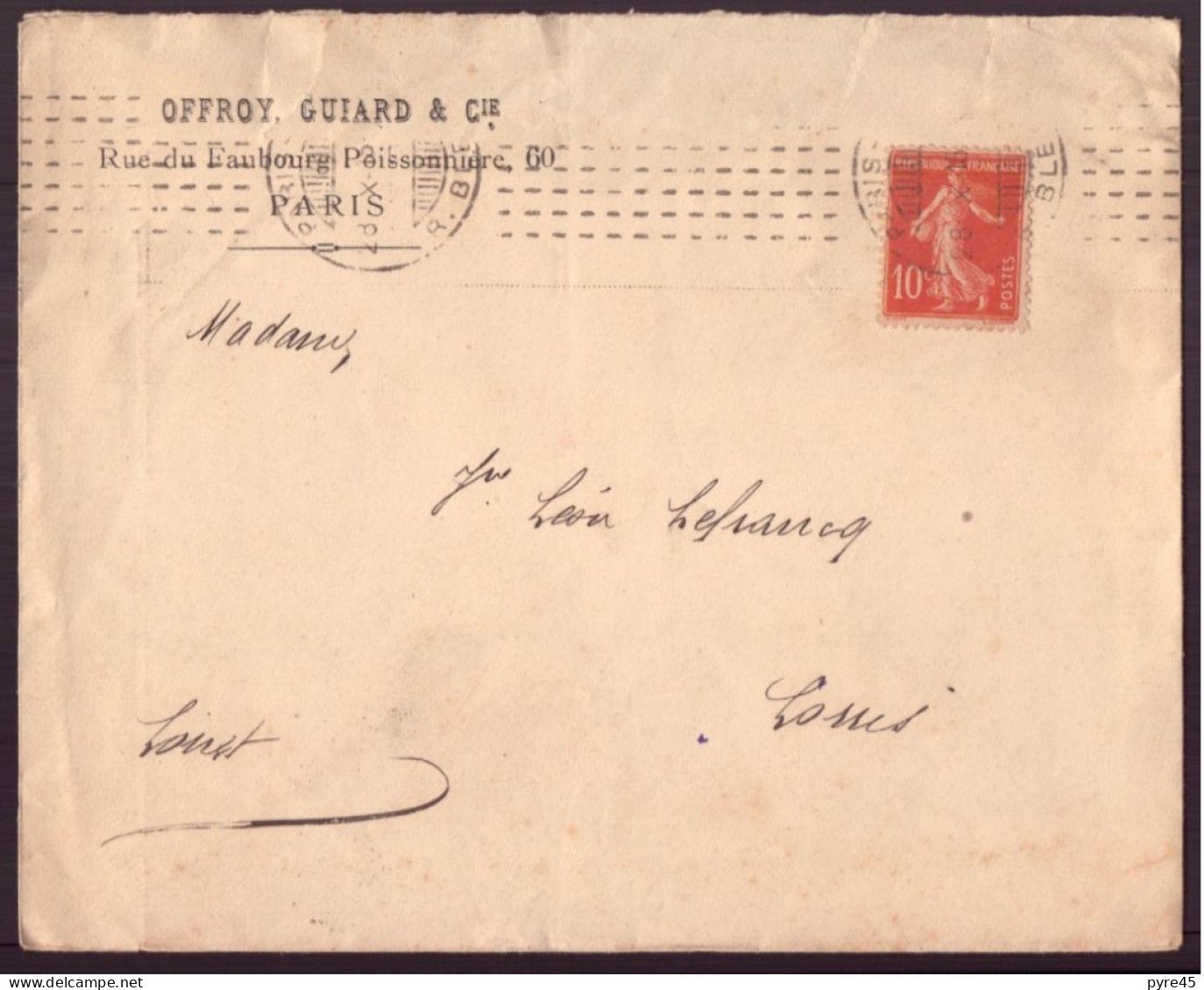 France, Enveloppe à En-tête " Offroy, Guiard & Cie " Paris Pour Lorris, 29 Octobre 1916 - Sonstige & Ohne Zuordnung