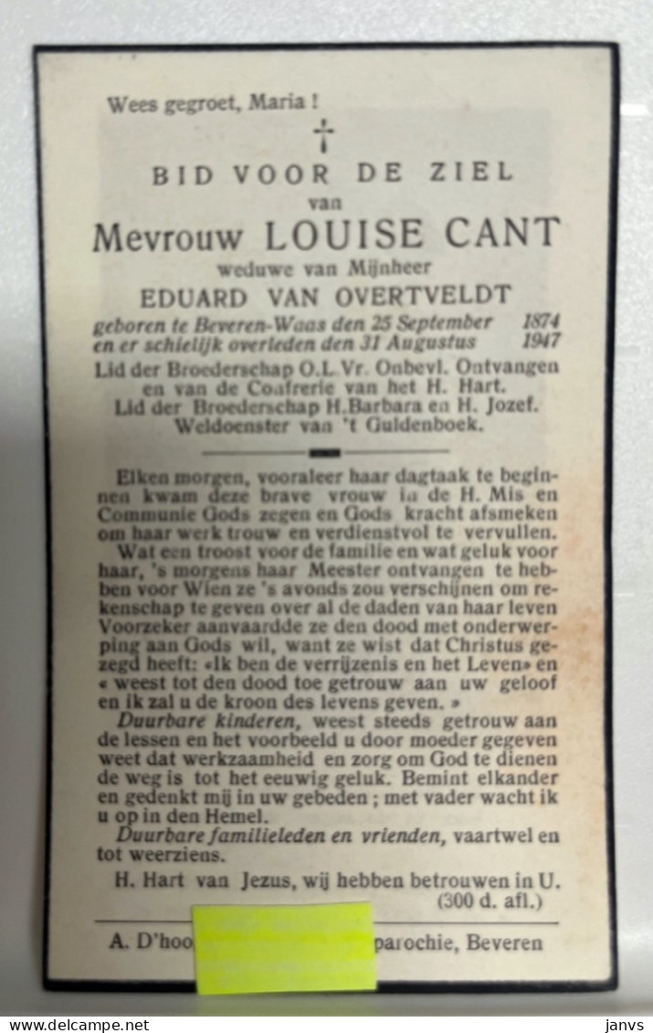 Devotie DP  Overlijden Louise Cant Wwe Van Overtveldt - Beveren-Waas 1874 - 1947 - Décès
