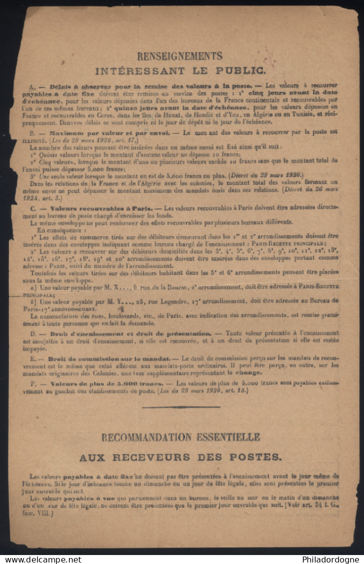 Taxe Yvert N° 58 Seul Sur Bordereau Des Valeurs A Recouvrer N° 1485 - Oblitéré Boulogne Sur Seine - 04/1931 - 1859-1959 Covers & Documents