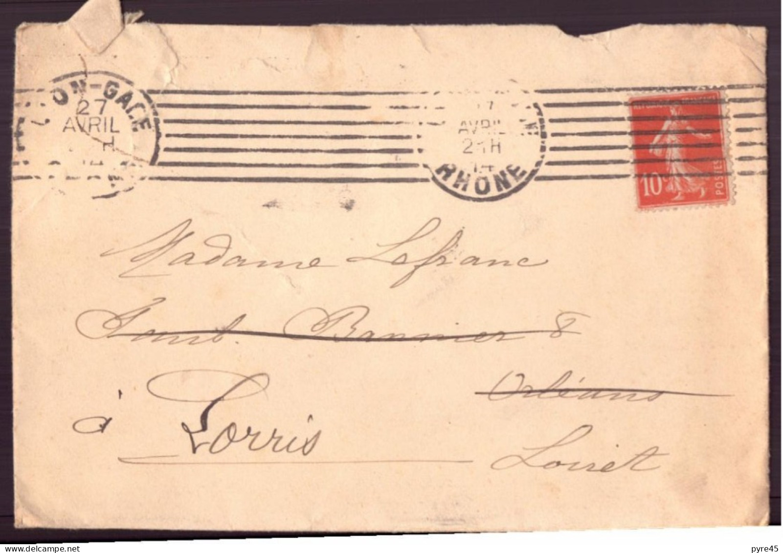 France, Enveloppe Du 27 Avril 1914 De Lyon Pour Lorris - Autres & Non Classés