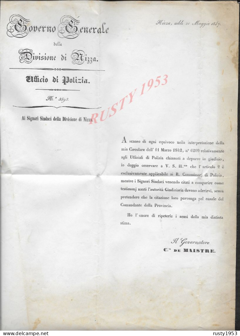 NICE MILITARIA COMMANDANT POLICE LETTRE DE NIZZA ( NICE ) OFFIO DI POLIZIA 1847 GOUVERNEUR Cte DE MAISTRE POUR LA TORRE - Polizia