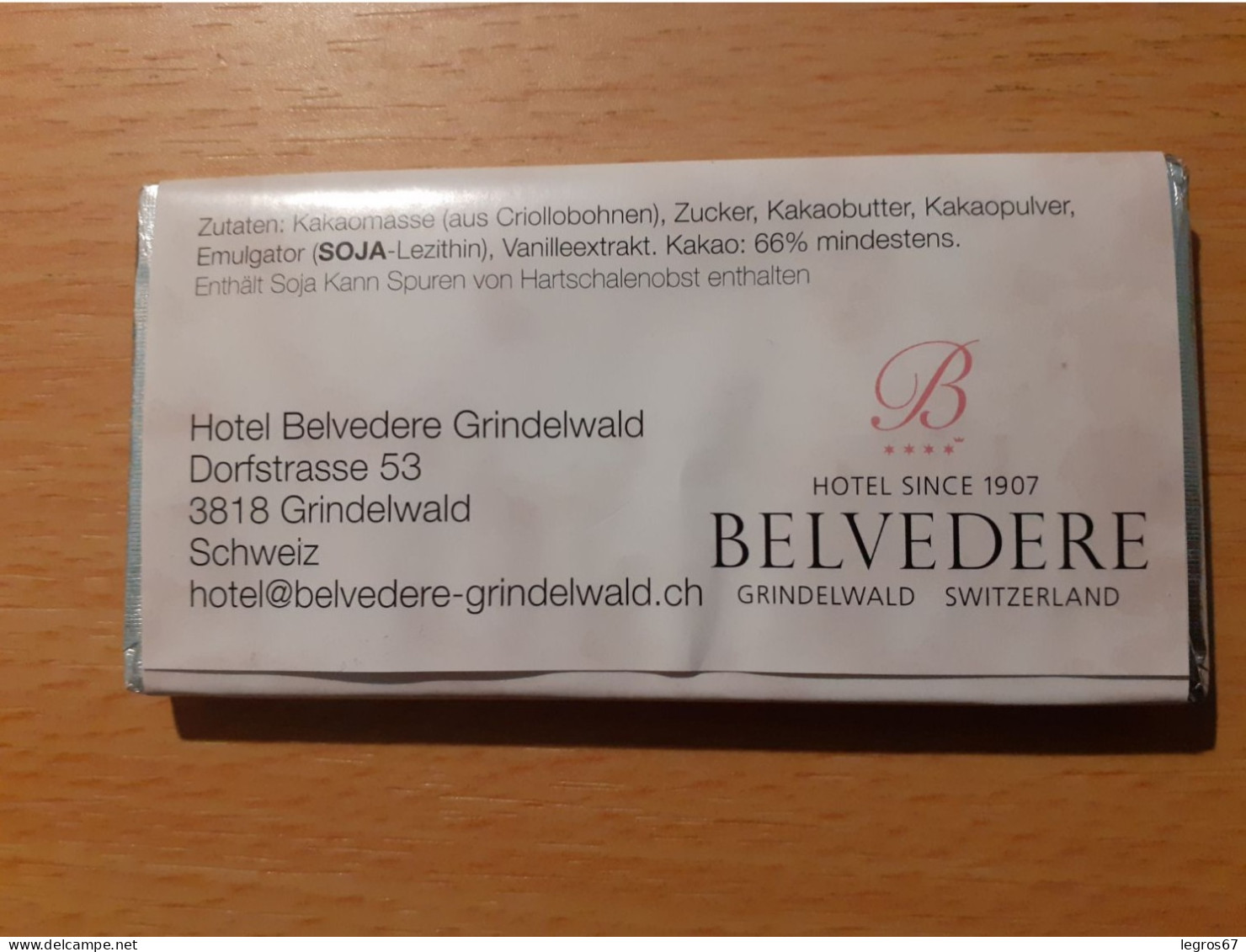 TABLETTE CHOCOLAT HOTEL BELVEDERE GRINDELWALD - Andere & Zonder Classificatie