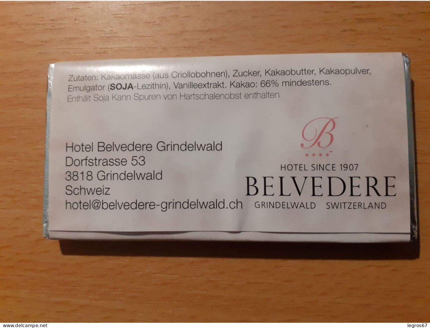 TABLETTE CHOCOLAT HOTEL BELVEDERE GRINDELWALD - Autres & Non Classés