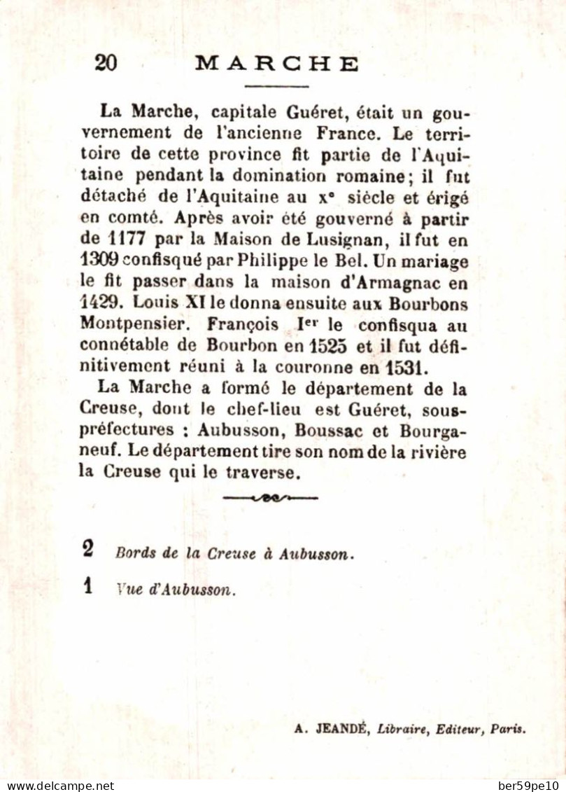 CHROMO A. JEANDE LIBRAIRIE ED. PARIS ANCIENNES PROVINCES FRANCAISES N°20 LA MARCHE BORDS DE LA CREUSE A AUBUSSON - Autres & Non Classés